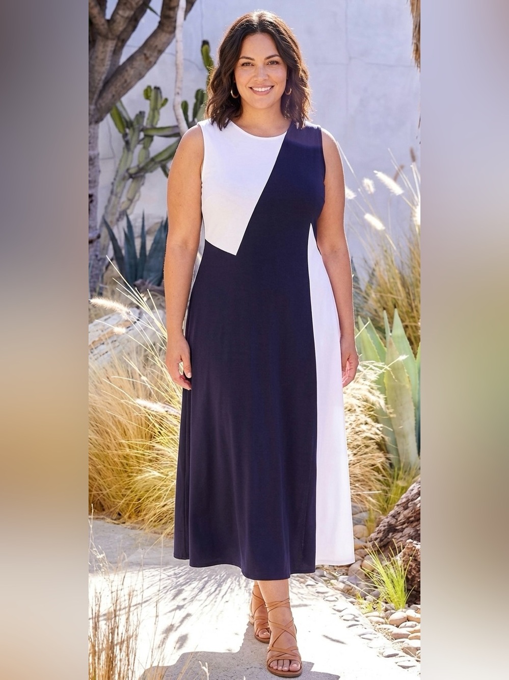 NWT Karen Kane Costa Palmas Sleeveless White Blue Color-block Midi Dress